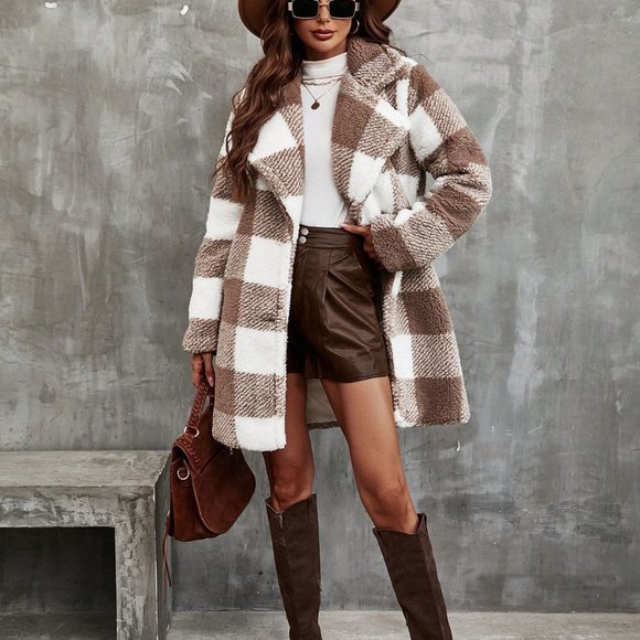 . Jackets & Blazers - Brown Preppy Womens Buffalo Plaid Pattern Lapel Neck Teddy Coat